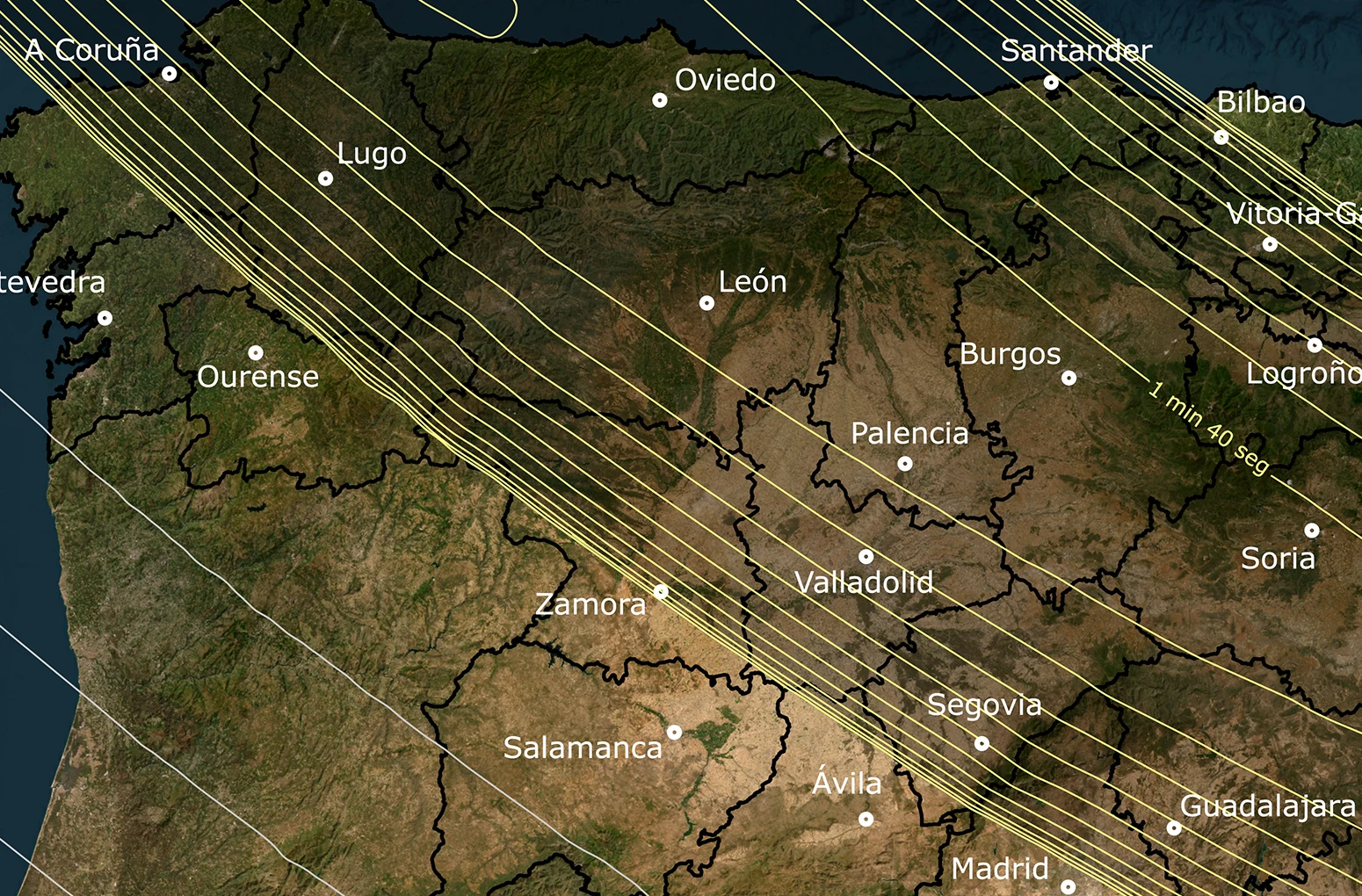 Official IGN map of the 2026 eclipse path over northwestern Spain, overlaid with the instantaneous umbral footprint and the observed azimuth from Valencia de Don Juan