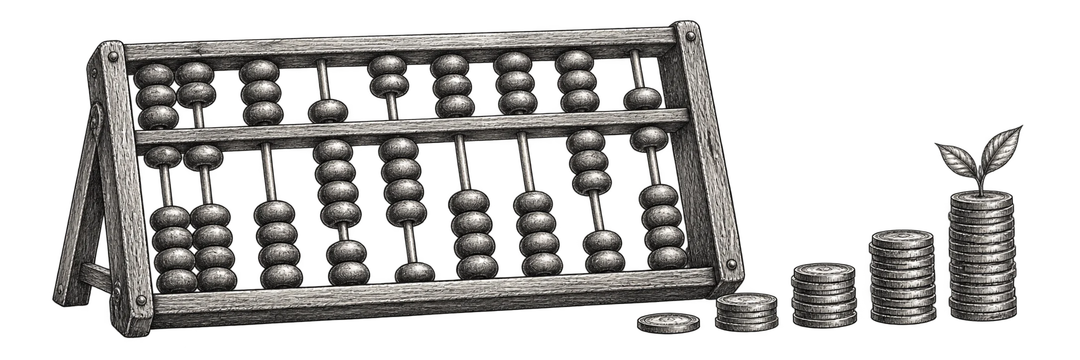 A hand-drawn abacus beside growing stacks of coins, with a small sprout emerging from the tallest stack